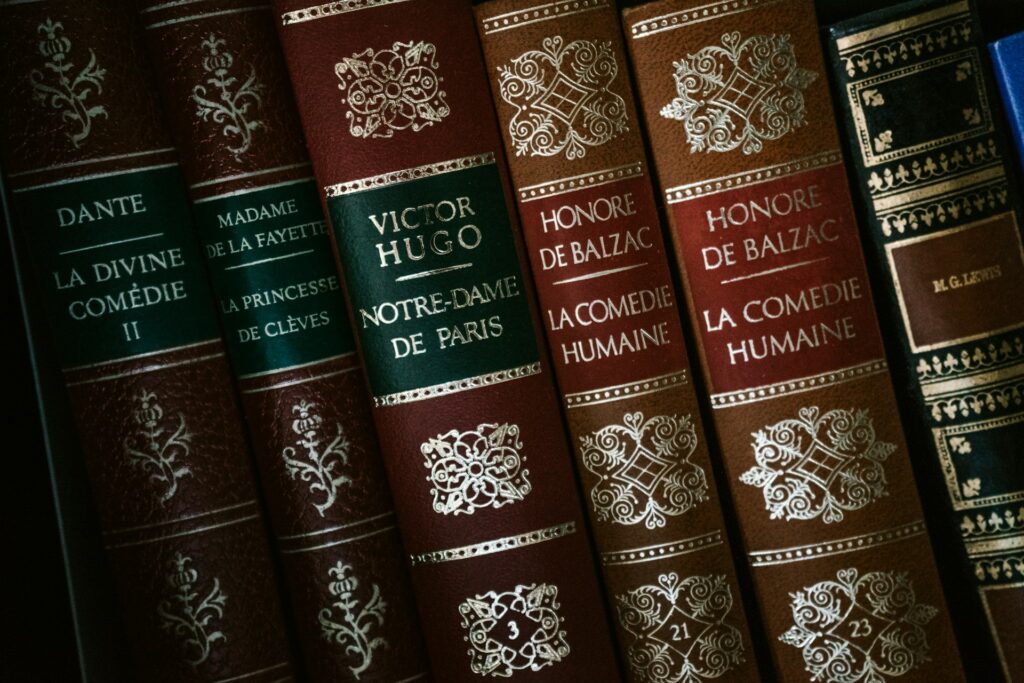 Des ouvrages célèbres de littérature française sur une étagère.