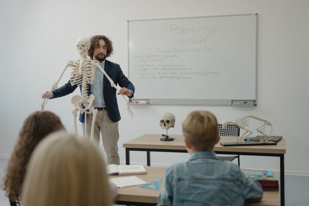 Un professeur tient un squelette humain devant ses élèves en cours de bio.