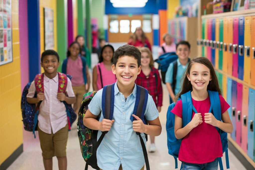 Des enfants dans un couloir à l'école.