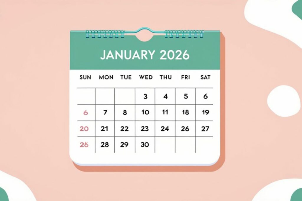 Calendrier du mois de janvier 2026 illustrant le début de la phase d'inscription Parcoursup.
