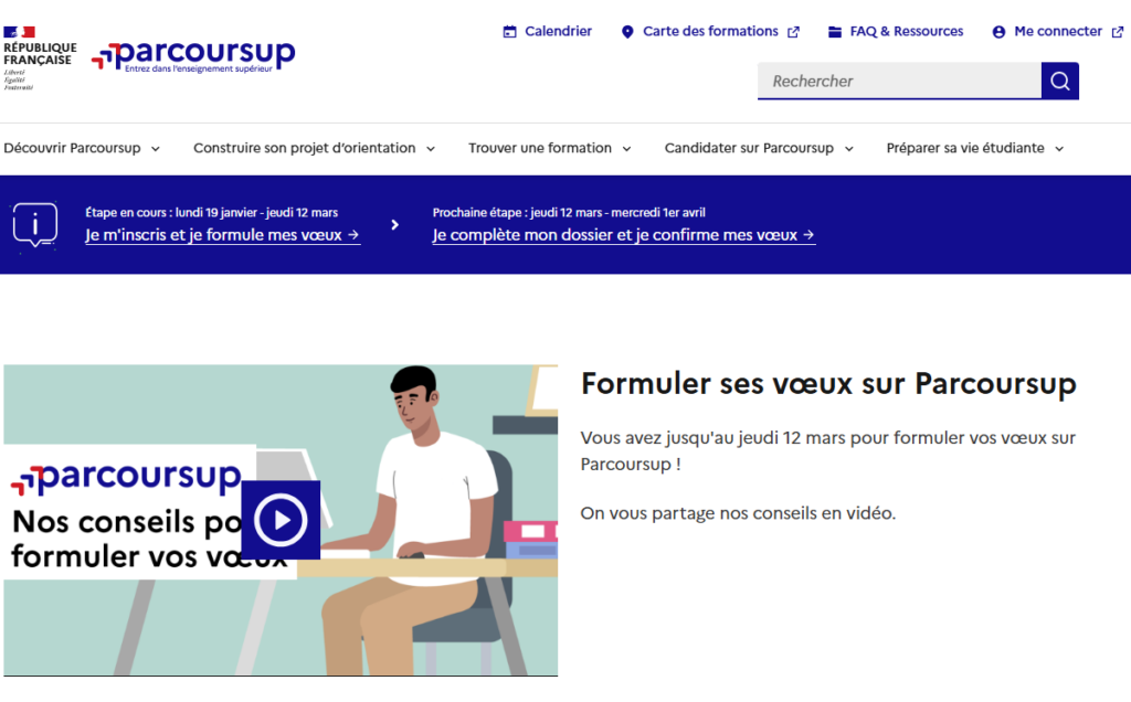 Capture d'écran de la page d'accueil Parcoursup avec le calendrier des étapes pour formuler ses vœux.